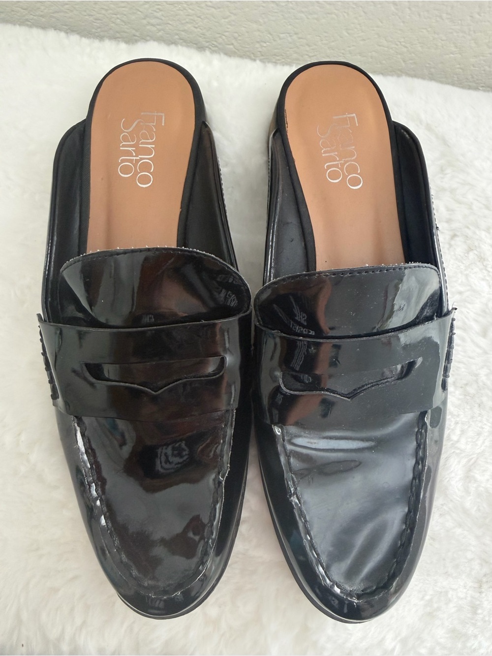 Franco Sarto Black Patent Leather Slip-On Penny Mule Loafers 9M